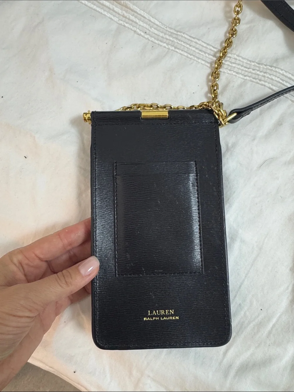 Ralph Lauren Black Leather Crossbody with Gold Chain Trim